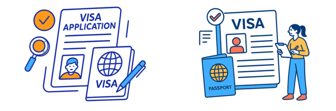 Visa application process illustrating documents and a person reviewing requirements