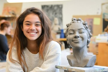 Smiling art student showing her artwork bust sculpture made of clay in a high school or college art studio