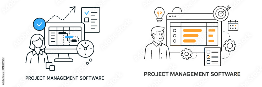 Poster project management software designs showcasing task organization, user interface, and productivity t