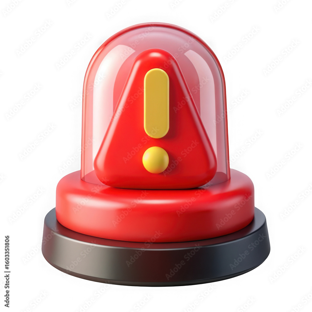 Poster 3d red warning light with exclamation mark isolated on transparent background