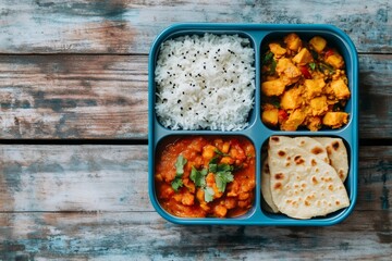 Delicious indian meal inside blue lunchbox resting on wooden table, perfect for a takeaway lunch