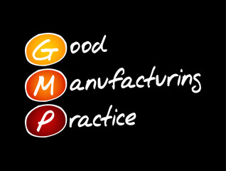 GMP Good Manufacturing Practice - system for ensuring that products are consistently produced and controlled according to quality standards, acronym text concept background