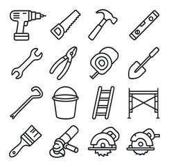 Vector style icons of tools: drill, saw, hammer, wrench, and more