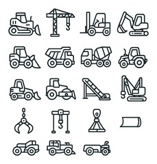 Collection of construction equipment icons: crane, excavator, bulldozer, dump truck, forklift