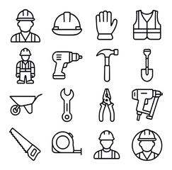 Construction tools and worker icons set with hard hat and safety gear