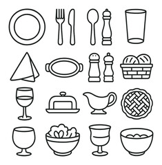 Outline drawings of kitchen and dining items including glassware and cutlery
