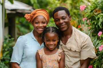 Smiling Jamaican family enjoying quality time together in their vibrant backyard garden, surrounded by lush plants and flowers