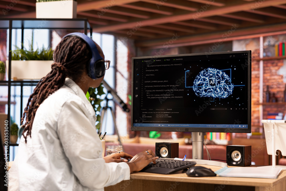 Poster software developer typing on pc keyboard, wearing headphones, using artificial intelligence computin