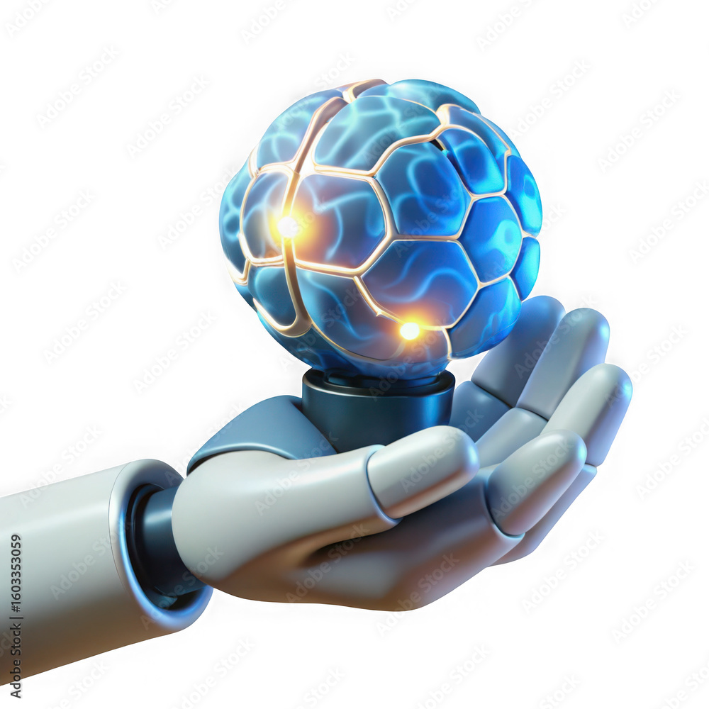 Poster 3d futuristic robot hand holding glowing neural network isolated on transparent background