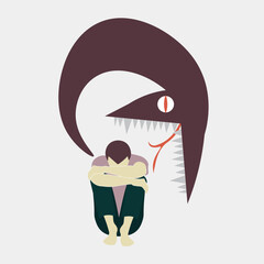 Self-flagellation, paranoia anxiety fear mental health concept. Man sitting surrounded by monster, eye, symbolizing panic, phobia, depression, stress, psychological disorder, flat design stock vector 