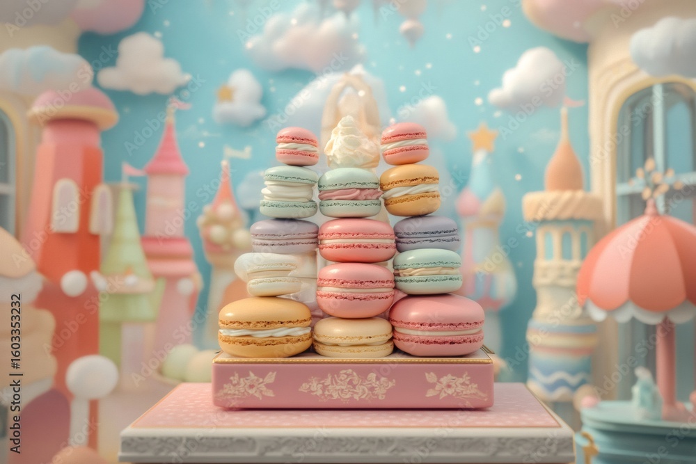 Aufkleber pyramid of colorful macarons is displayed on a pink tray, adding a touch of sweetness to a dreamy ba