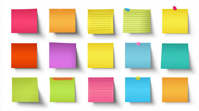 Minimal and organized collection of pastel and vibrant sticky notes on white, designed for UI/UX mockups or stationery branding.

