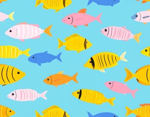 Fototapeta premium Colorful fish pattern on light blue background