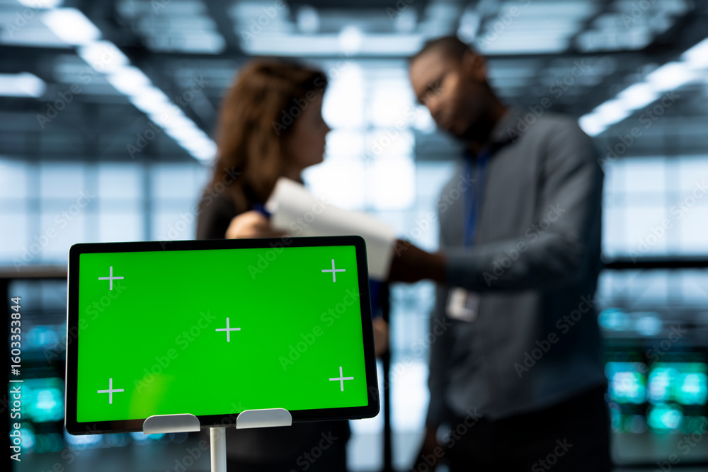 Poster focus on isolated screen tablet in data center with engineers in blurry background employing machine
