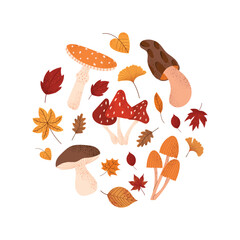 Autumn mushrooms and leaves collection. Colorful fall forest fungi with foliage. Flat vector seasonal illustration isolated on white background.