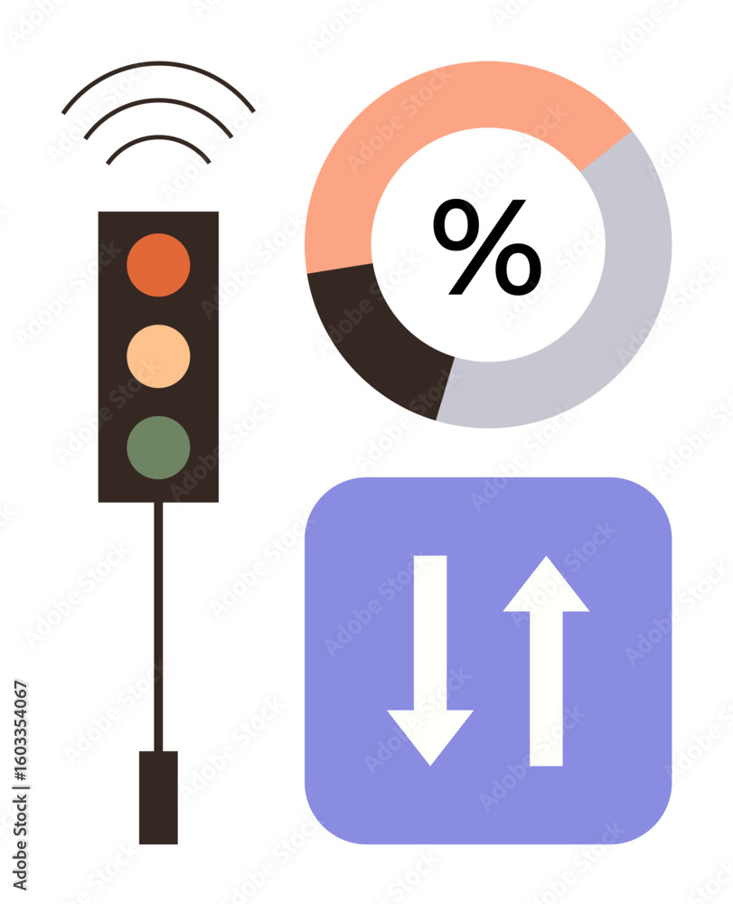 Poster traffic light with signals, percentage pie chart, and two-way arrows in purple block. ideal for data