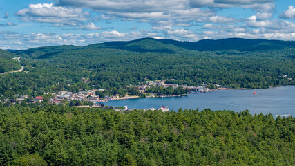 July 22, 2025 - Lake George, NY, USA.  Sunny afternoon summer aerial image of the south end of Lake George, looking north, Lake George, NY, USA.