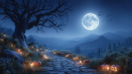halloween scene a dead tree, a full moon with bats flying in front of the moon, jack-o-lanterns and candles along a path, copy space, wallpaper, backdrop sign