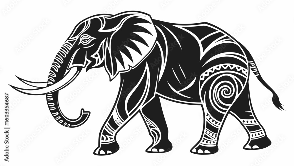 Poster stylized black and white elephant with intricate patterns walking to the left side view art