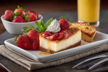 creamy cheesecake with a graham cracker crust, topped with fresh strawberries, smooth and fruity,