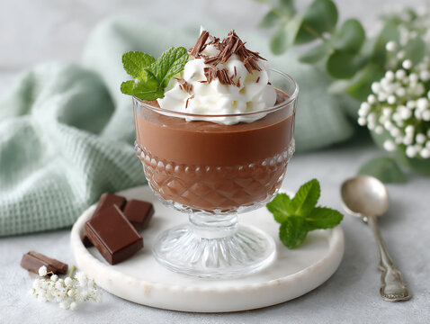 chocolate mousse in a glass with whipped cream and chocolate shavings, light and airy,