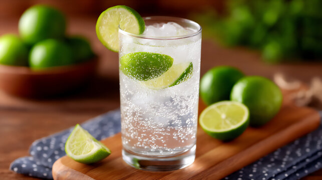 classic gin and tonic in a highball glass with a lime wedge and bubbles