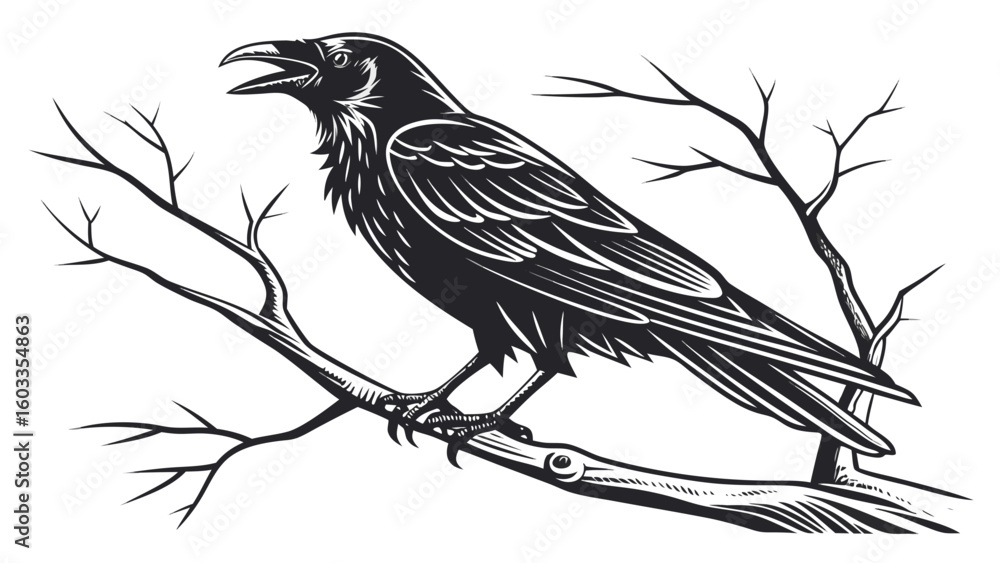 Poster a black raven perched on a bare branch with its beak open in a monochrome illustration style image