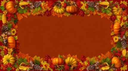 thanksgiving frame border, blank in the middle, turkey, corn on the cob, pumpkings, autumn leaves, banner copy space 