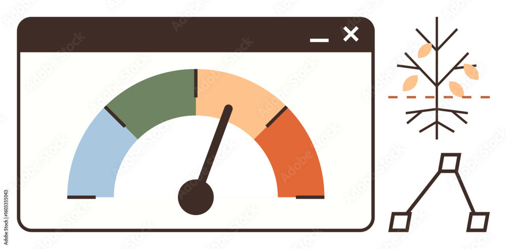 Poster colorful speedometer gauge on screen with branching decision tree diagram. ideal for performance mon