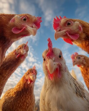 Wide-angle shot from below of five curious hens looking down into the camera, blue sky and soft clouds above, selfie