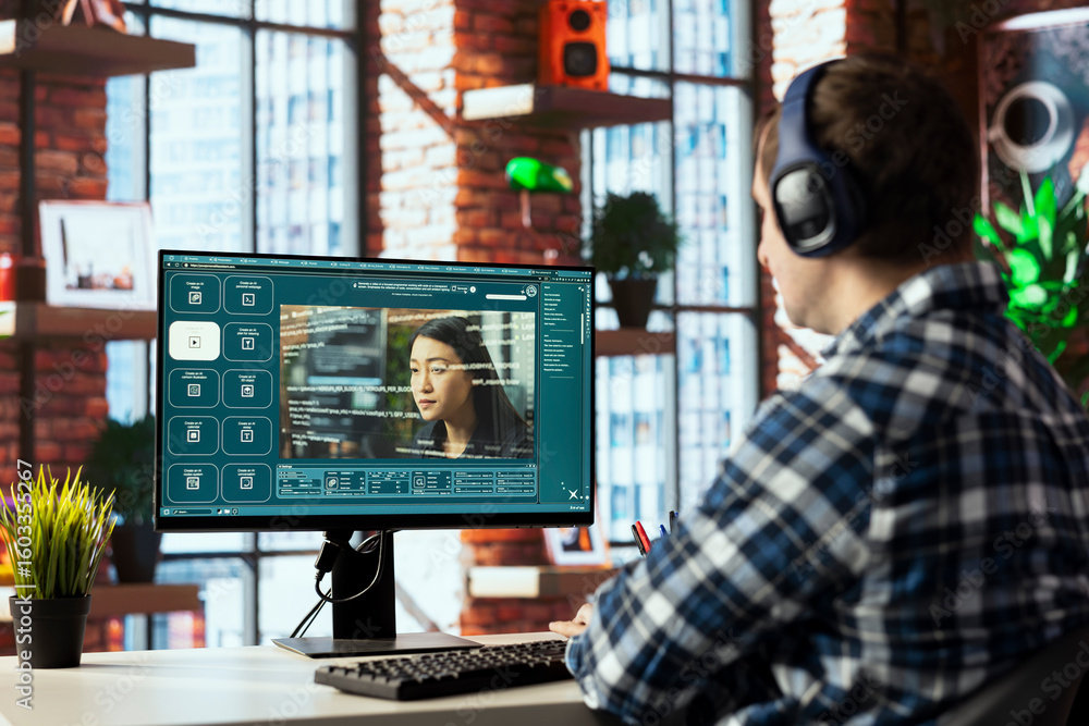 Poster Man in home office listening music, uses app converting text prompts into videos. Person wearing headphones getting assistance from AI tech generative models using GPT text analysis function