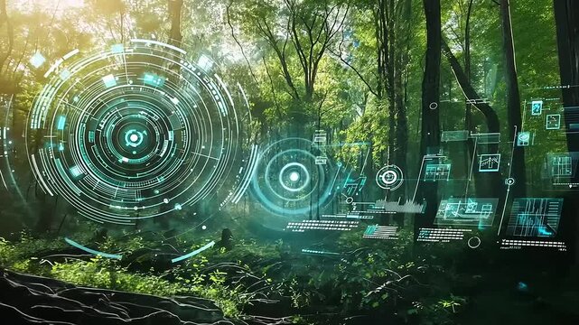 Digital forest overlay showing a tech and nature integration concept