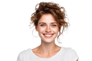 Close-up of a smiling woman in a bright studio photography setting. Isolated on transparent background, png.