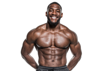 Fitness champion posing gym portrait studio upbeat spirit. Isolated on transparent background, png.
