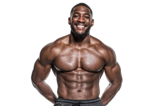 Fitness champion posing gym portrait studio upbeat spirit. Isolated on transparent background, png.