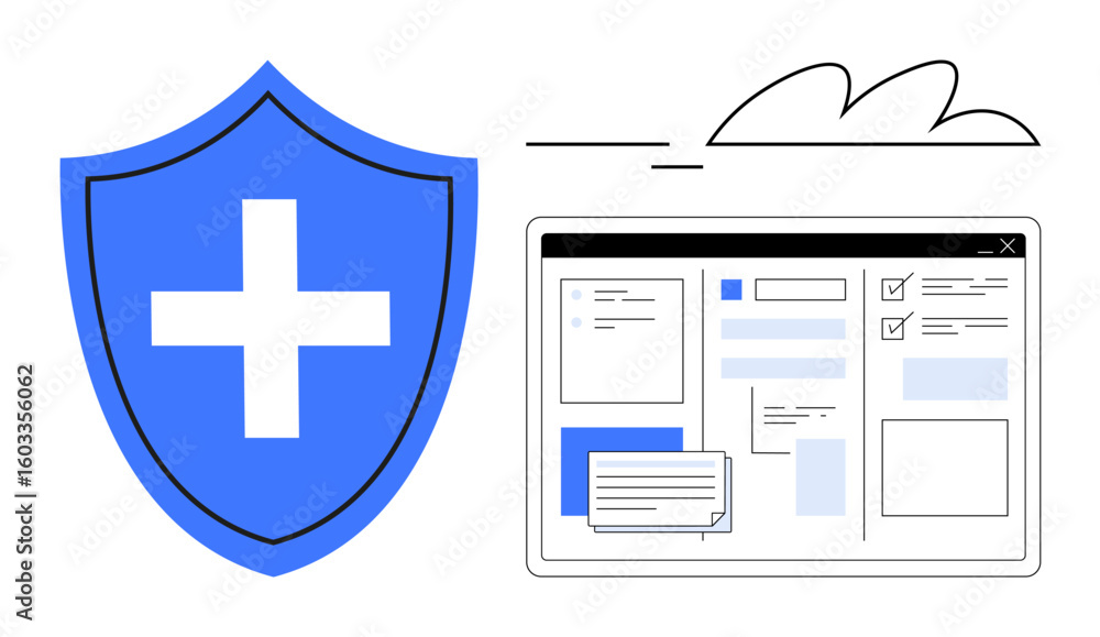 Poster blue shield with cross symbol next to a browser interface highlighting forms and data fields. ideal 