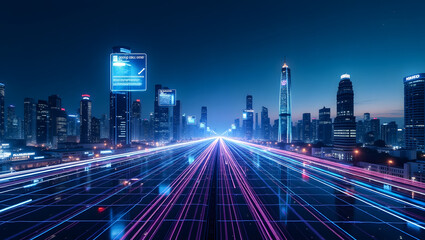 Futuristic city powered by data and IoT, glowing data lines