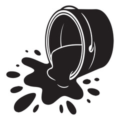 Black and white vector of a tipped paint bucket with spilled paint