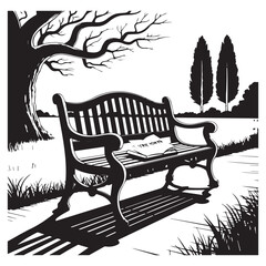 Black and white vector park bench with book under a tree illustration