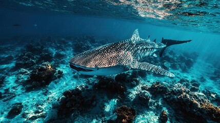 Fototapeta premium Gliding gentle giant whale shark cruises above vibrant coral reefs near Maledives