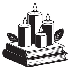 Candles on books creating a cozy atmosphere in black and white drawing
