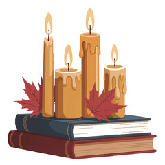 Candles on books with autumn leaves creating a warm reading atmosphere