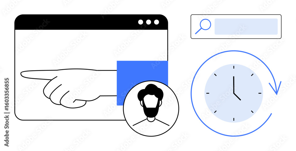 Poster hand pointing in browser window, user profile avatar, magnifying glass in search bar, and clock with