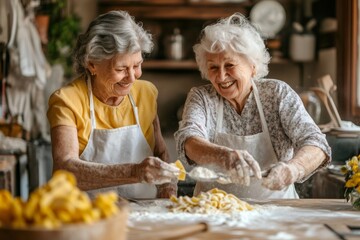 Two happy elderly women wearing aprons preparing dough for homemade pasta in a traditional kitchen, sharing a joyful moment