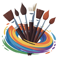 Paintbrushes arranged in a circle of swirling colors for art designs