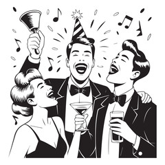 New years eve party illustration with people celebrating and drinking