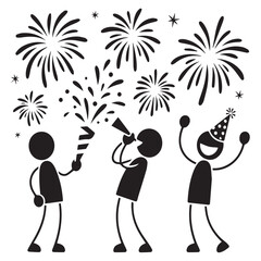 Stick figures celebrating with fireworks and noisemakers at a party Vector Art