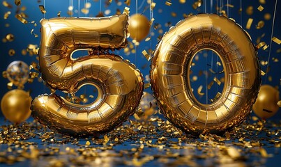 Golden fifty year celebration with confetti against a rich blue backdrop