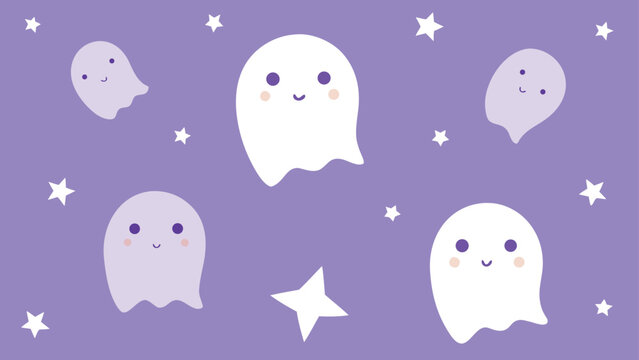 cute ghost pattern with stars and moons  pastel vector background