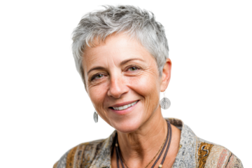 Smiling woman portrait studio photography bright background close-up. Isolated on transparent background, png.